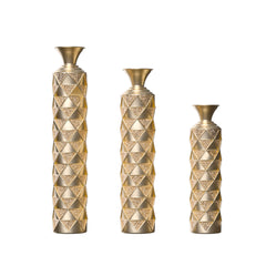 Semi-Handmade Metal Floor Vase Set of 3, Gold-Plated Geometric Diamond Pattern Vases, 33.5/29.5/25.2 Inch Large Decorative Vases for Living Room, Entryway, Office Decor (4.72in Top, 5.91in Base)