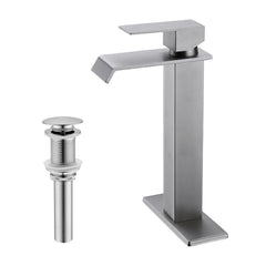 Waterfall Spout Bathroom Sink Single Handle Faucet with Pop-Up Drain (No Overflow)