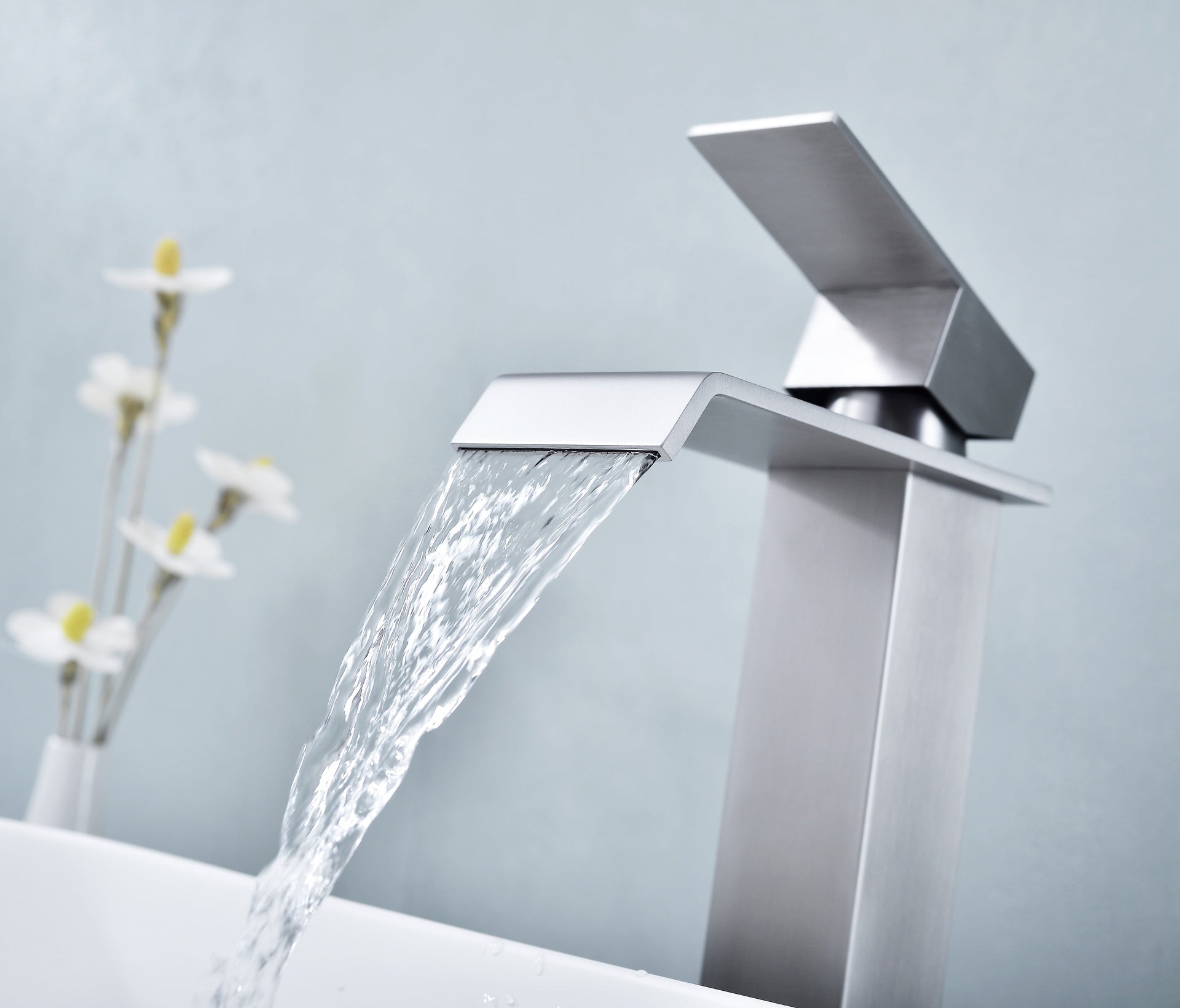 Waterfall Spout Bathroom Sink Single Handle Faucet with Pop-Up Drain (No Overflow)