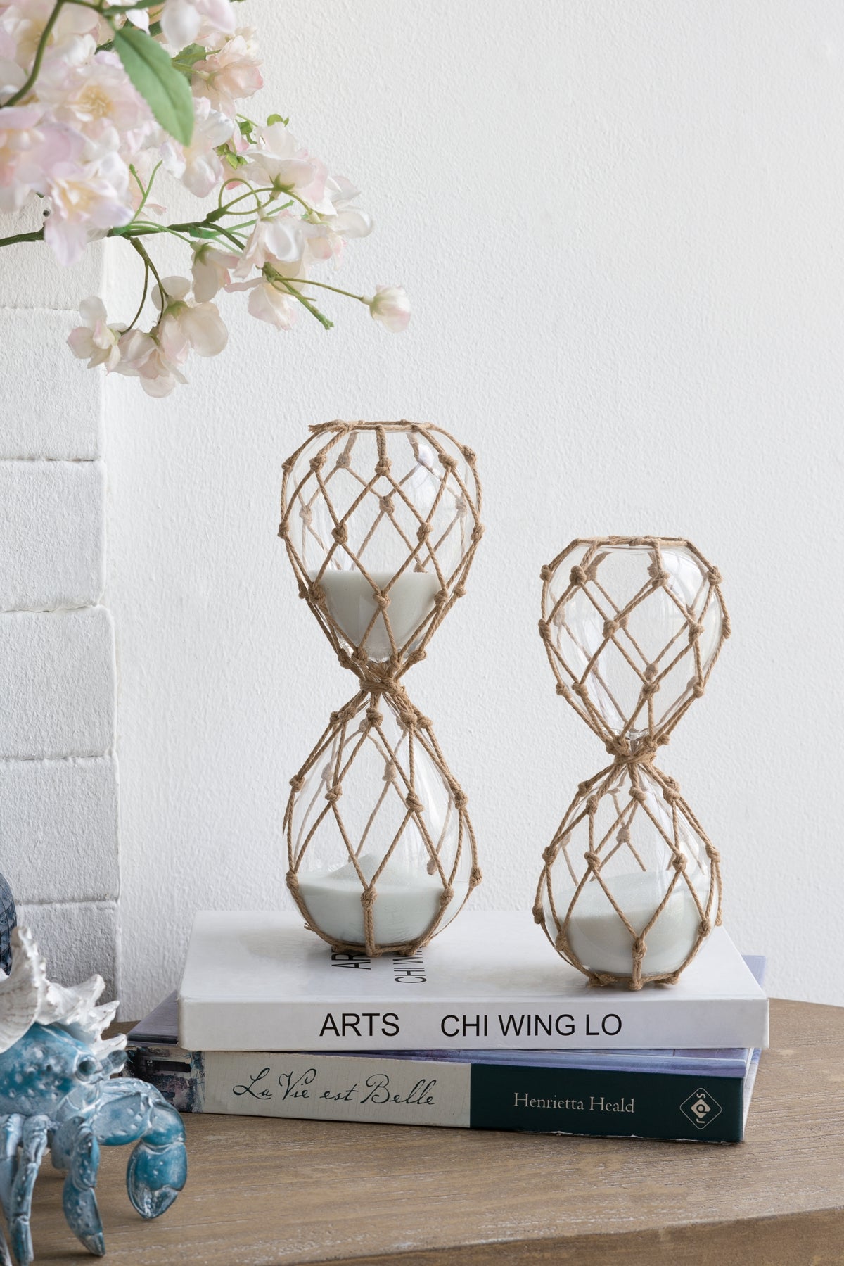 Set of 2, Clear Woven Hourglass, White Sand, S: 3.4x3.4x8.2" 30-Minute, L: 3.8x3.8x10" 45-Minute