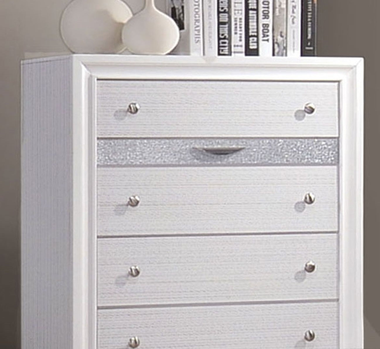 Contemporary Style 1pc Chest  Hidden Jewelry Drawer English Dovetail Drawers Silver Knobs White Finish Bedroom Furniture