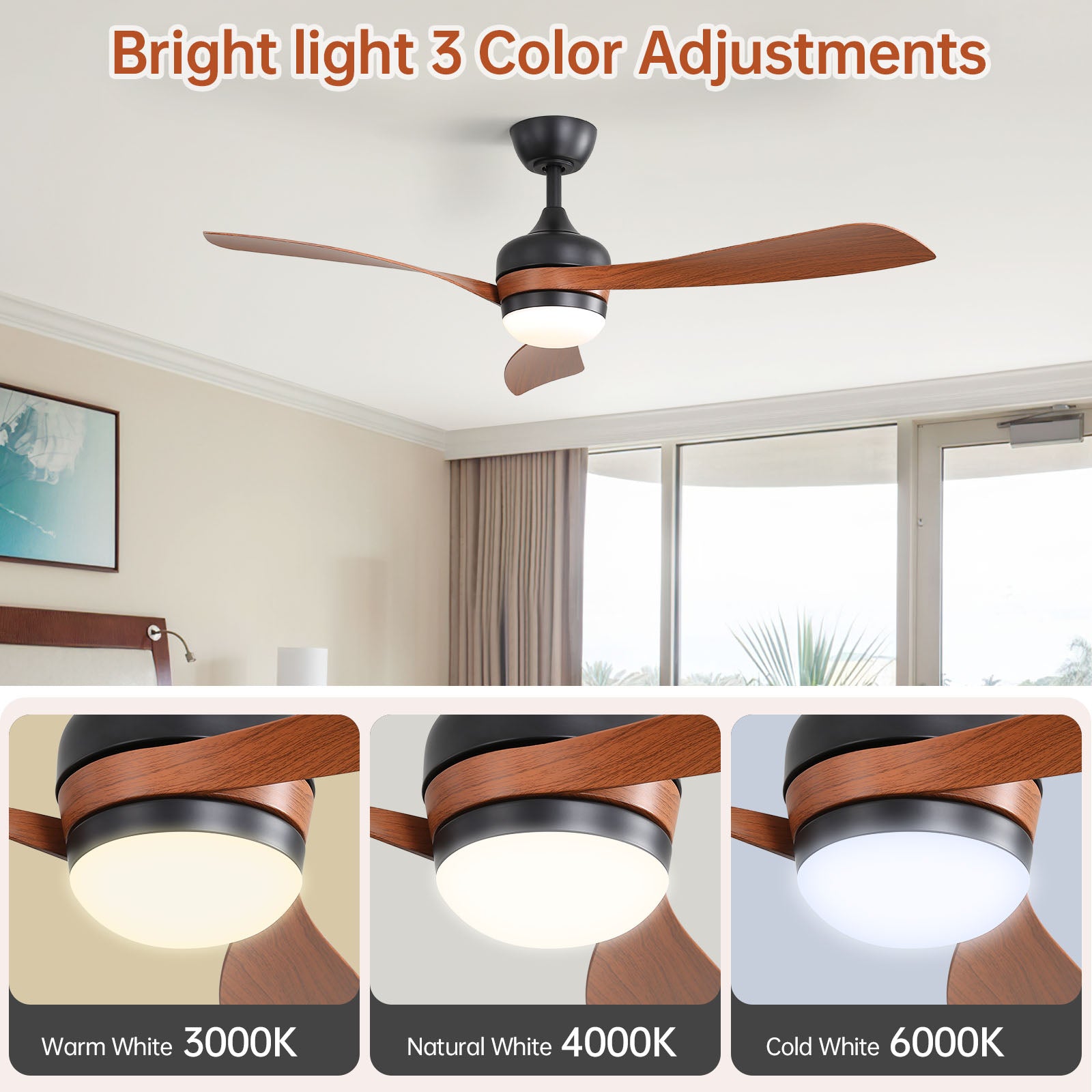 52-INCH Ceiling Fan With Reversible DC Motor and 18W LED Light,Remote Control,3 ABS Blades,Dimmable and Timable