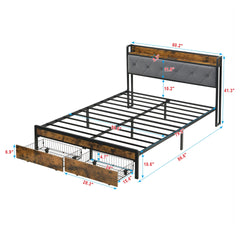 Queen Bed Frame with Storage,  Bed Frame with LED Lights Upholstered Headboard and 2 Drawers, USB & Charging Station, No Box Spring Needed, Easy Assembly, Grey