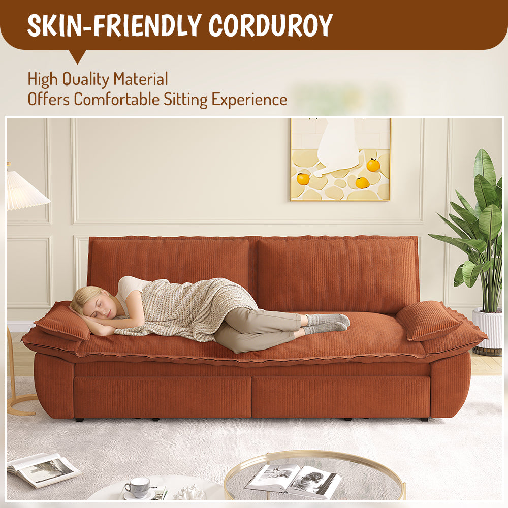 73.2" Queen Pull Out Sofa Bed,3-in-1 Convertible Sleeper Sofa,Multi-Functional Corduroy Loveseat Bed,Orange