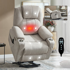 Up to 350 LBS polyester Power Lift Recliner Chair, Heavy Duty Motion Mechanism with 8-Point Vibration Massage and Lumbar Heating, USB and Type-C Ports, Stainless Steel Cup Holders, Beige