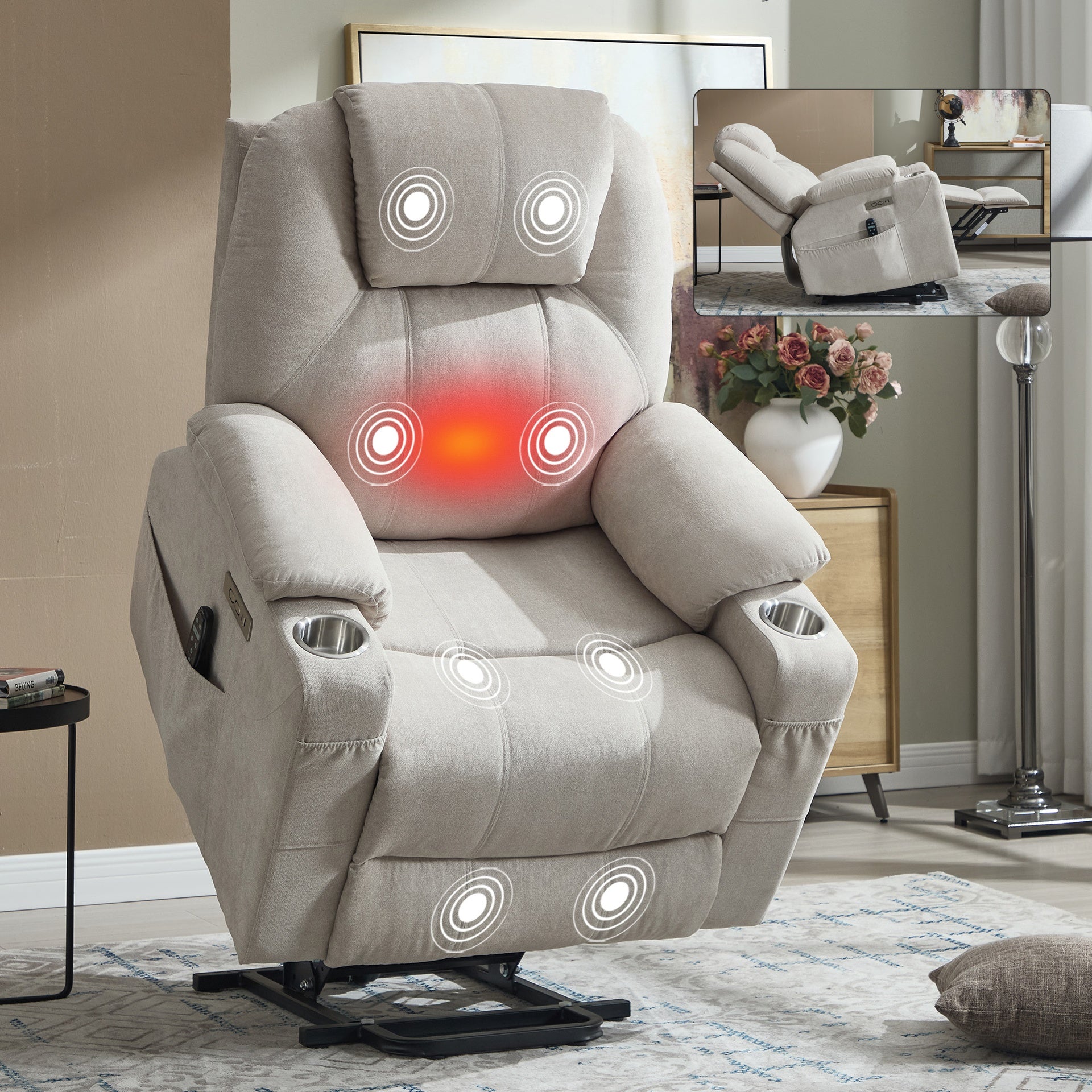 Up to 350 LBS polyester Power Lift Recliner Chair, Heavy Duty Motion Mechanism with 8-Point Vibration Massage and Lumbar Heating, USB and Type-C Ports, Stainless Steel Cup Holders, Beige