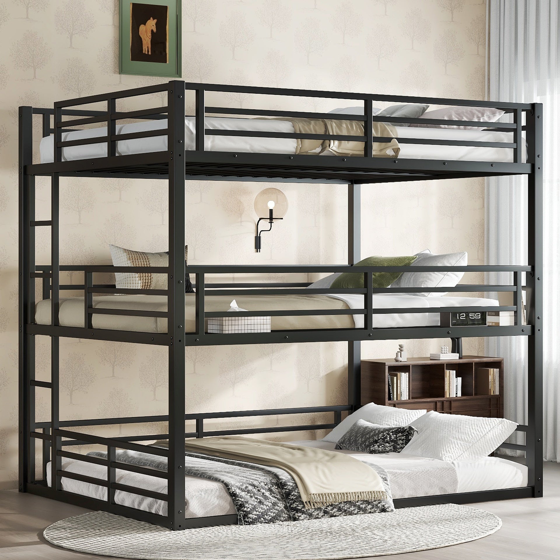 Queen over Full XL over Queen Bunk Bed, Metal Triple Bunk Bed with Safety Guardrails, Heavy-duty Bunk Bed with Noise-reduced Design, Black