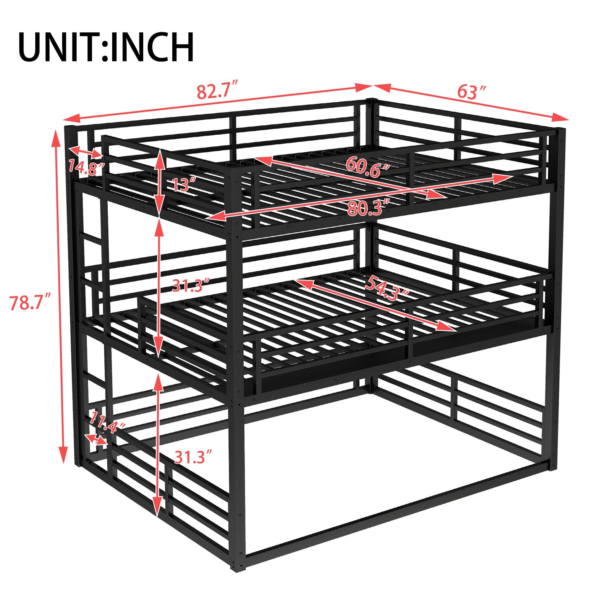 Queen over Full XL over Queen Bunk Bed, Metal Triple Bunk Bed with Safety Guardrails, Heavy-duty Bunk Bed with Noise-reduced Design, Black