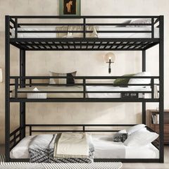 Queen over Full XL over Queen Bunk Bed, Metal Triple Bunk Bed with Safety Guardrails, Heavy-duty Bunk Bed with Noise-reduced Design, Black