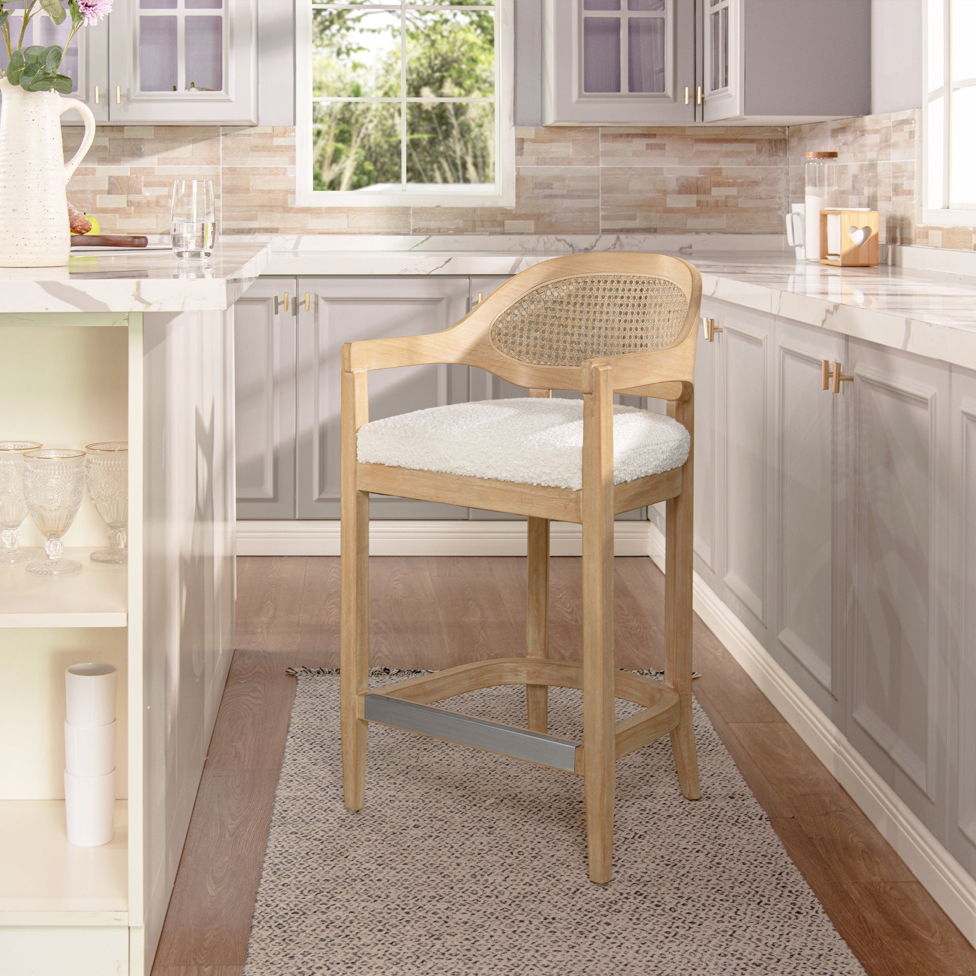 Americana Mid-Century Modern 26" Cane Back Counter Stool, Ivory White Boucle