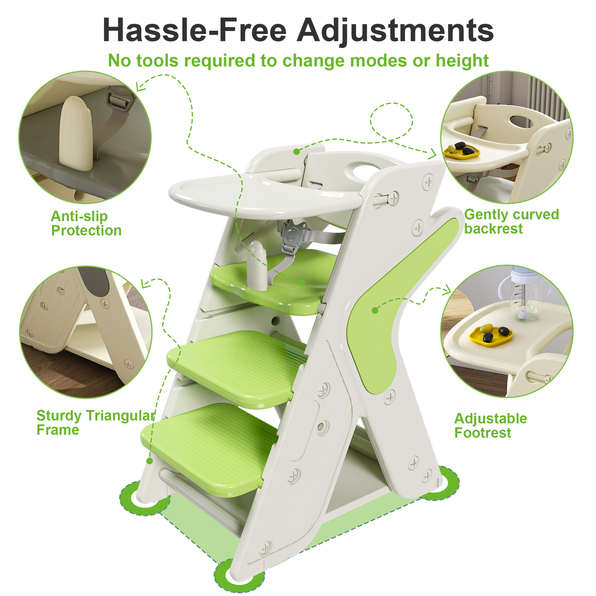 Multi functional Growing Up Dining chair,A high chair suitable for eating and feeding,Adjustable Height Toddler Tower,Use five-point seat belts and a movable large dinner plate(green)