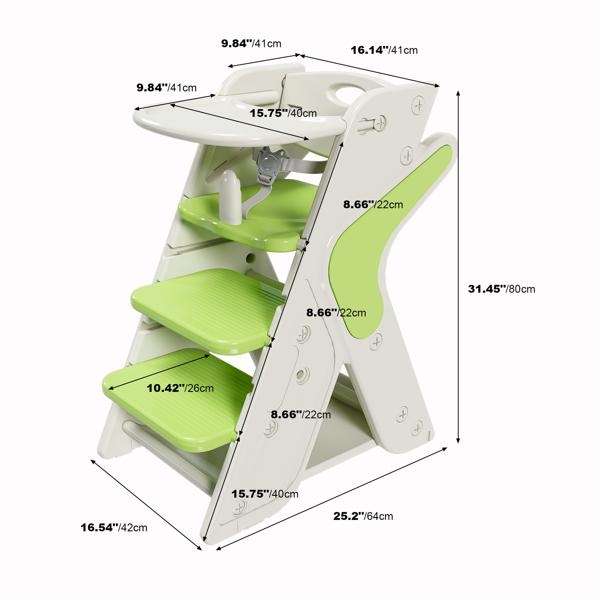 Multi functional Growing Up Dining chair,A high chair suitable for eating and feeding,Adjustable Height Toddler Tower,Use five-point seat belts and a movable large dinner plate(green)