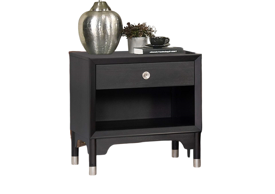 Mid-Century Modern Style 1pc Nightstand Silver Capped Legs Round Knobs USB Charging Port Black Finish Bedroom Furniture