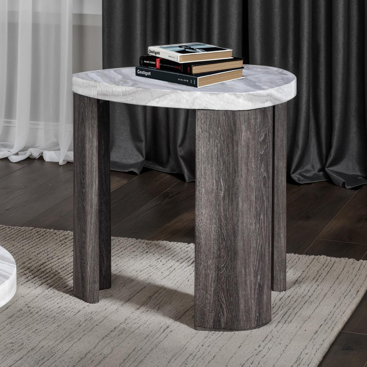 Contemporary Style Triangle End Table Marble Pattern Space Saving Design Primary Living Room