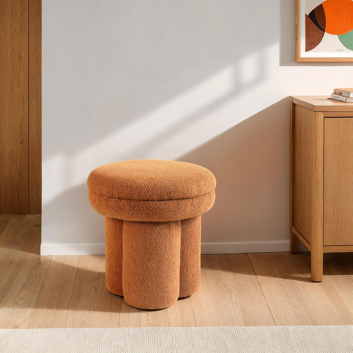 Saddle Brown Finish Round Top Accent Chair Pedestal Base Mushroom Design Stool Primary Living Room