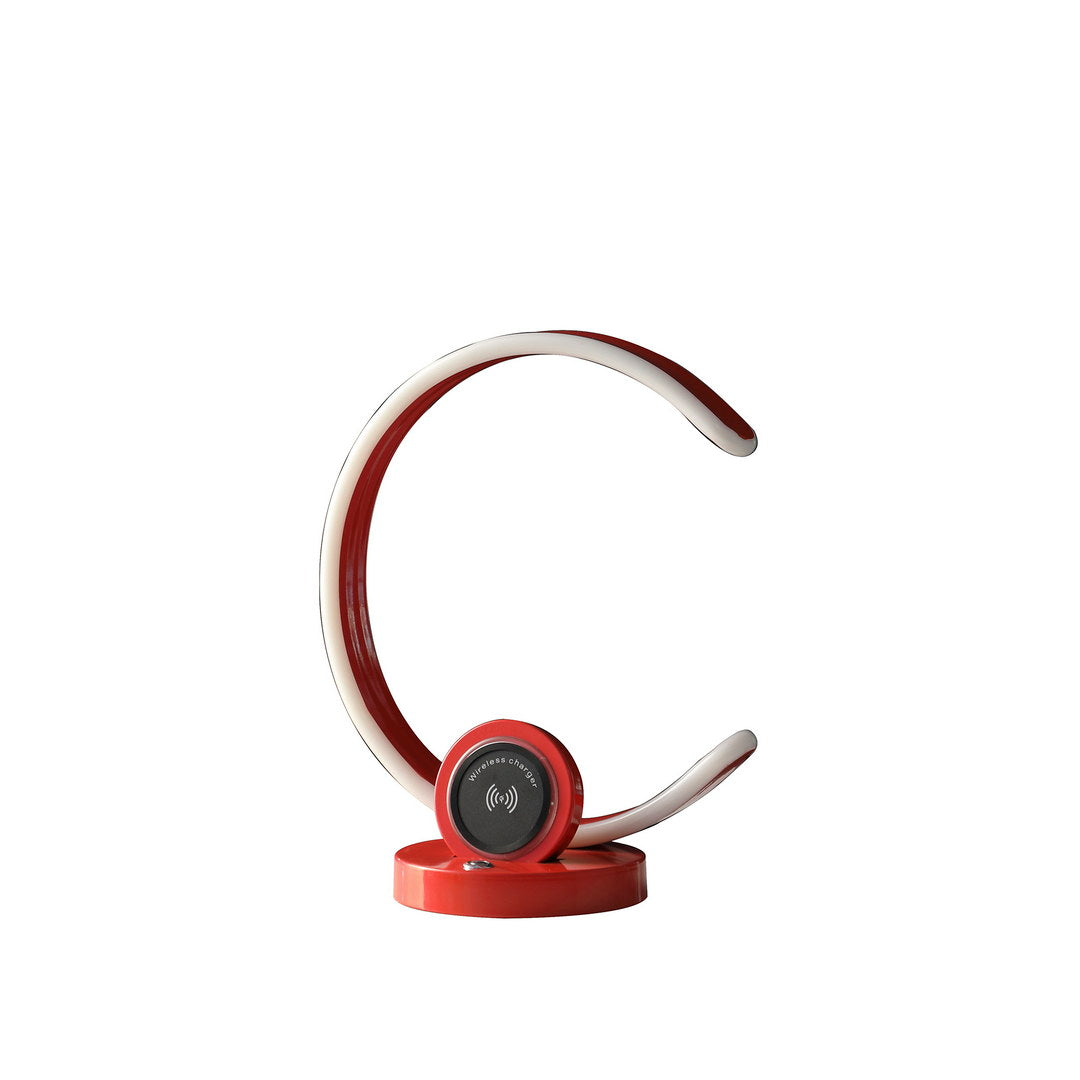 13.25" In Modern C Shape Led W/ Usb/Wireless Charger Port And Touch Dimmer Bright Red Table Lamp