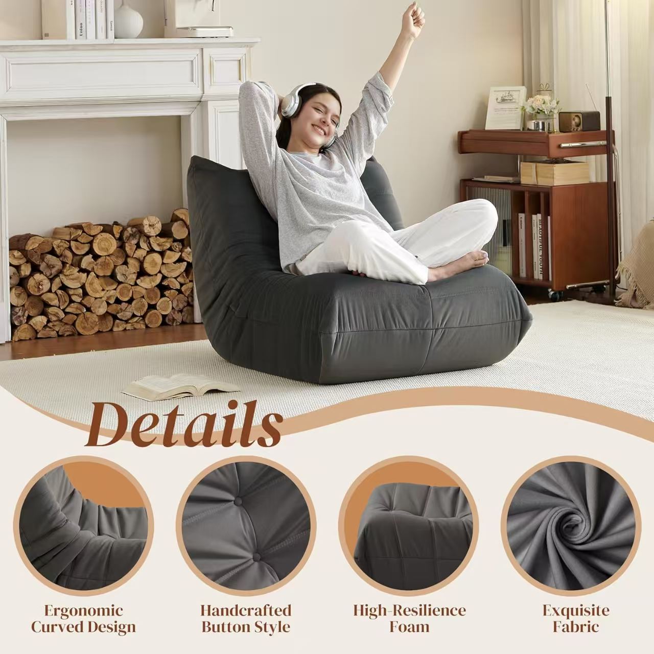 Luxury Accent Chair Button-Tufted Detail Gray Microfiber Comfy Chair Living Room Furniture 1pc