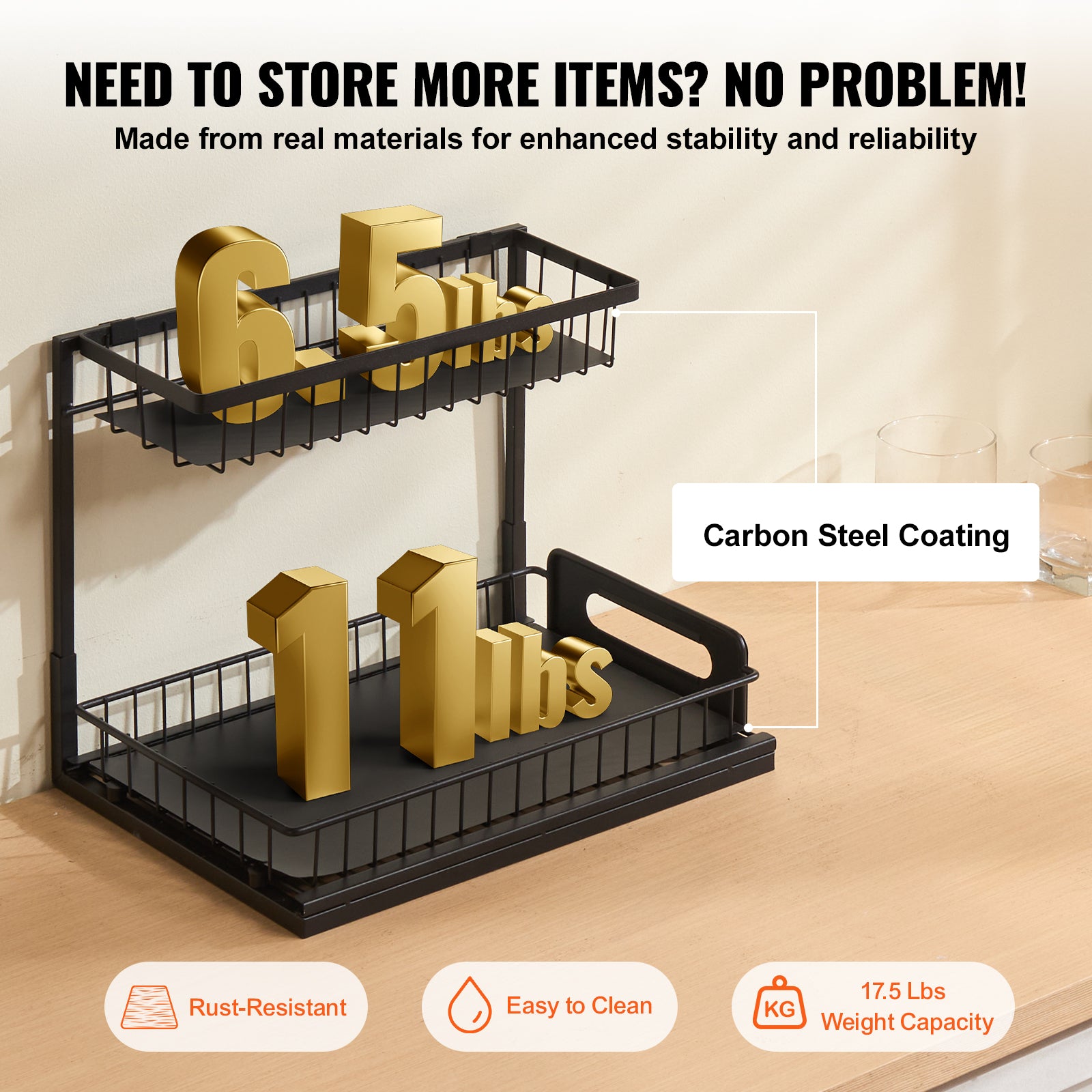 2-Tier 10.7"W x 14.2"D Pull Out Cabinet Under Sink Organizer 10.7"x14.2" Drawer Basket, 12.5"Wx15.5"Dx13"H Install Size for Cabinet