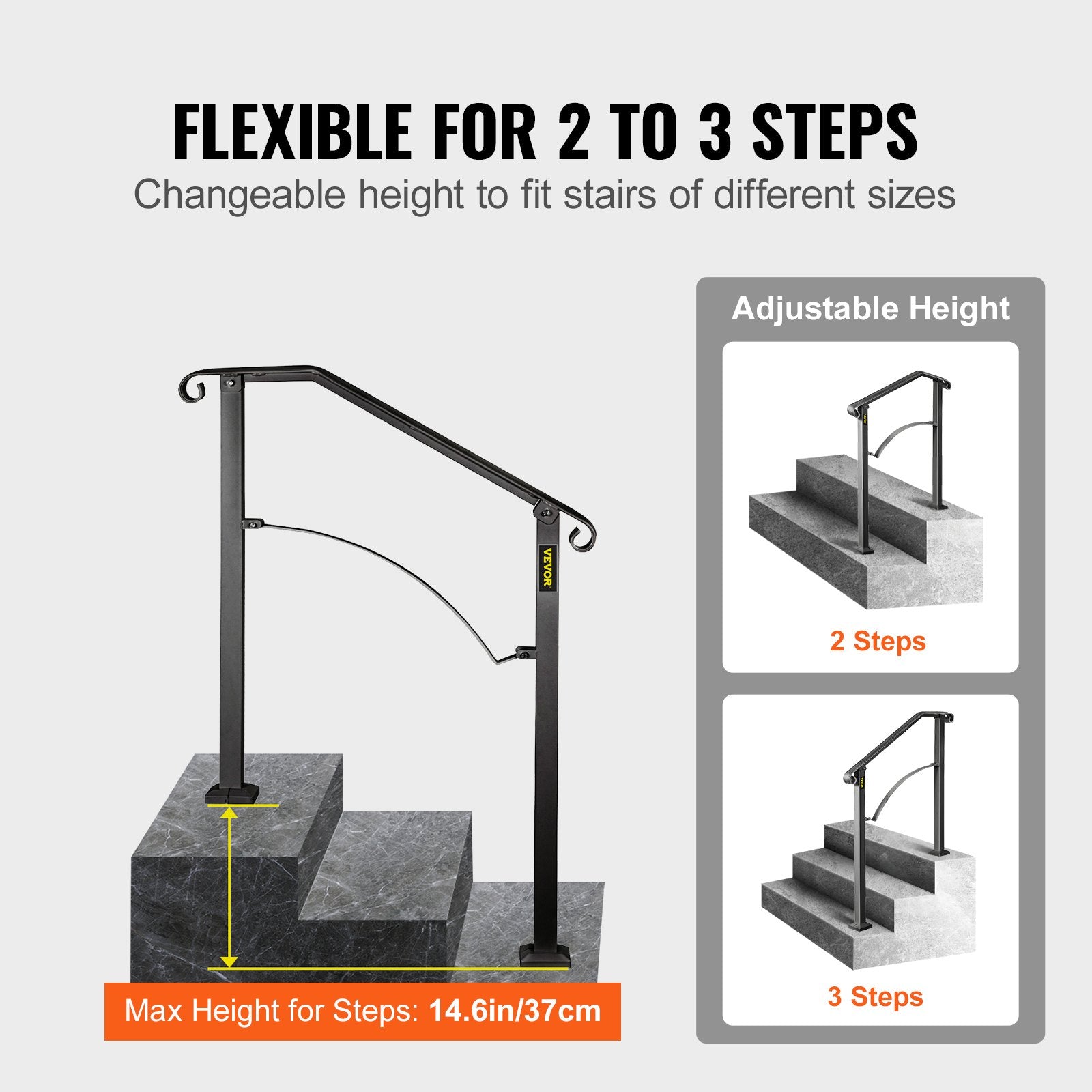 Handrails for Outdoor Steps, Fit 2 or 3 Steps Outdoor Stair Railing, Arch#2 Wrought Iron Handrail, Flexible Porch Railing, Black Transitional Handrails for Concrete Steps or Wooden Stairs