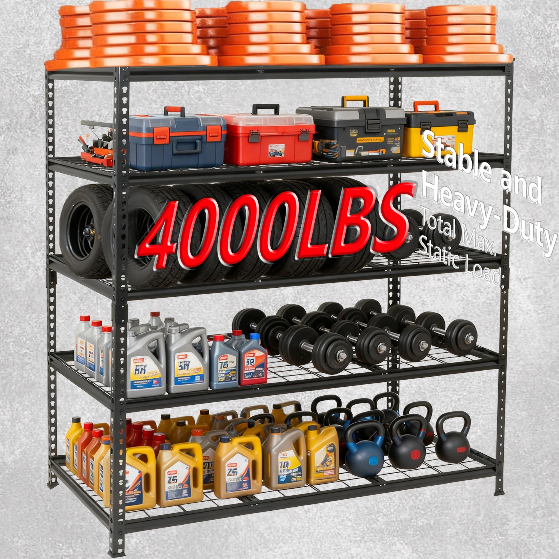 5-Tier Heavy Duty Metal Shelving Unit, 48"W x 24"D x72"H, Adiustable Storage Rack, Boltless Assembly, 4000 lbs Total Load Capacity, for Garage,Basement,Warehouse.Workshop, Black