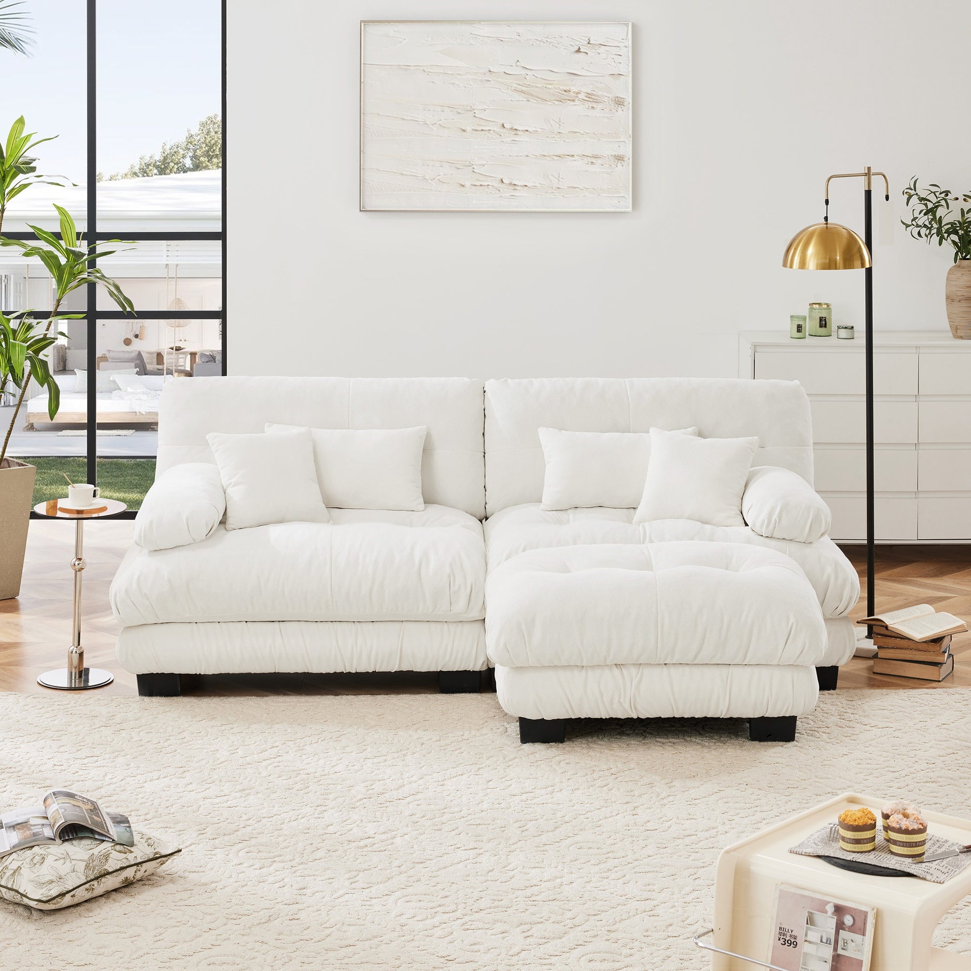 Cloud Couch Sectional Sofa for Living Room, Chenille 2 Seater Sofa with 2 Lumbar pillows and 2 throw pillows , Upholstered Wide Arm Sofa with Convertible Ottoman,Chenille White