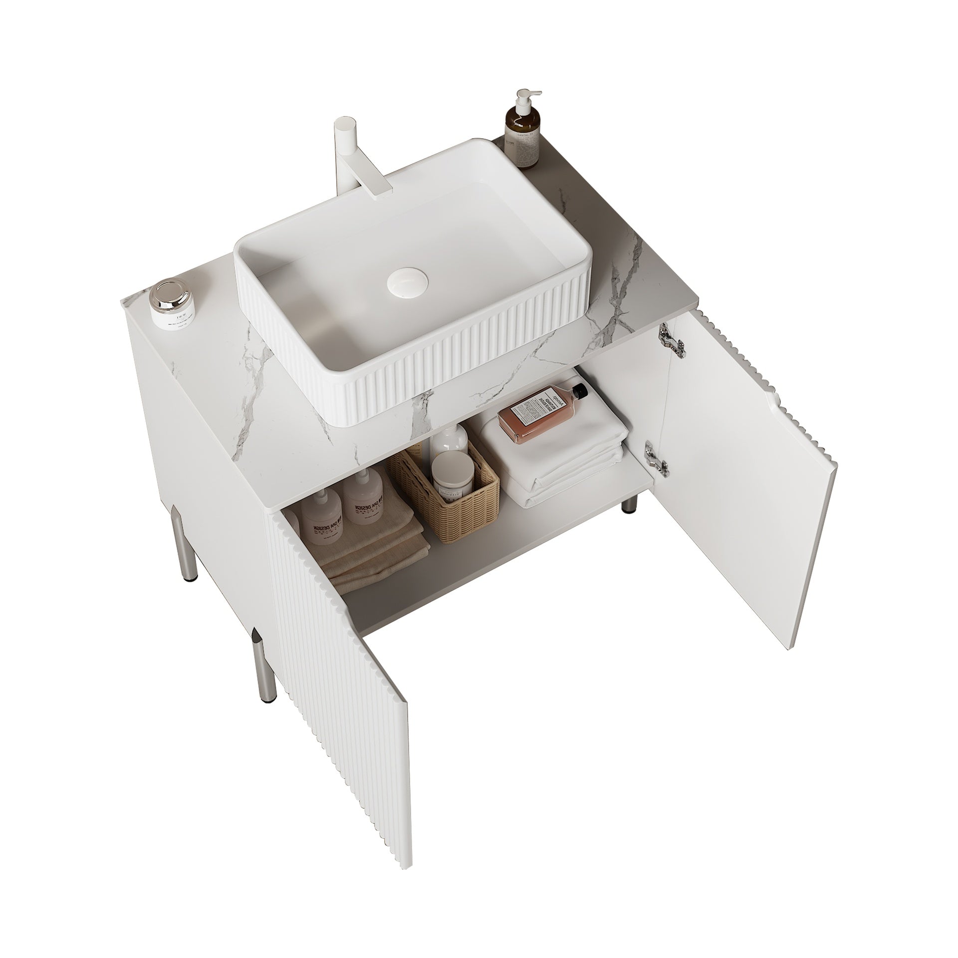 TURIO 30" Bathroom Vanity with Sink, Freestanding Bathroom Storage Cabinet with 2 Doors, White Rectangular Ceramic Basin and Carrara White Artificial Marble Counter Top, White Color