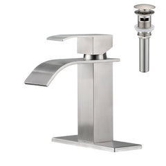 Waterfall Spout Bathroom Sink Single Handle Faucet with Pop-Up Drain (with Overflow)