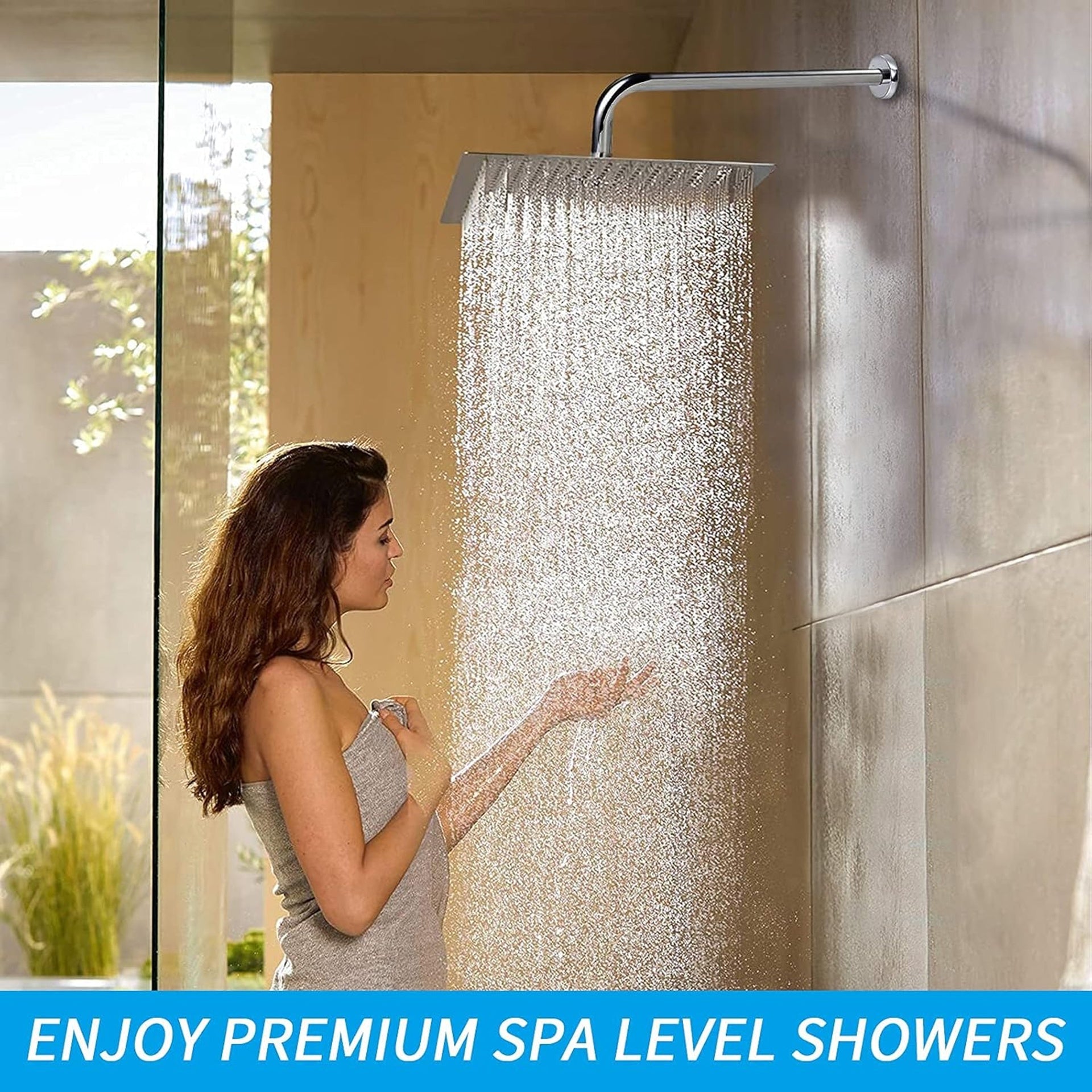 12 Inch Chrome Rain Shower Head, Square Ultra Thin 304 Stainless Steel High Pressure Shower Head Waterfall Full Body Coverage Waterfall Shower Head
