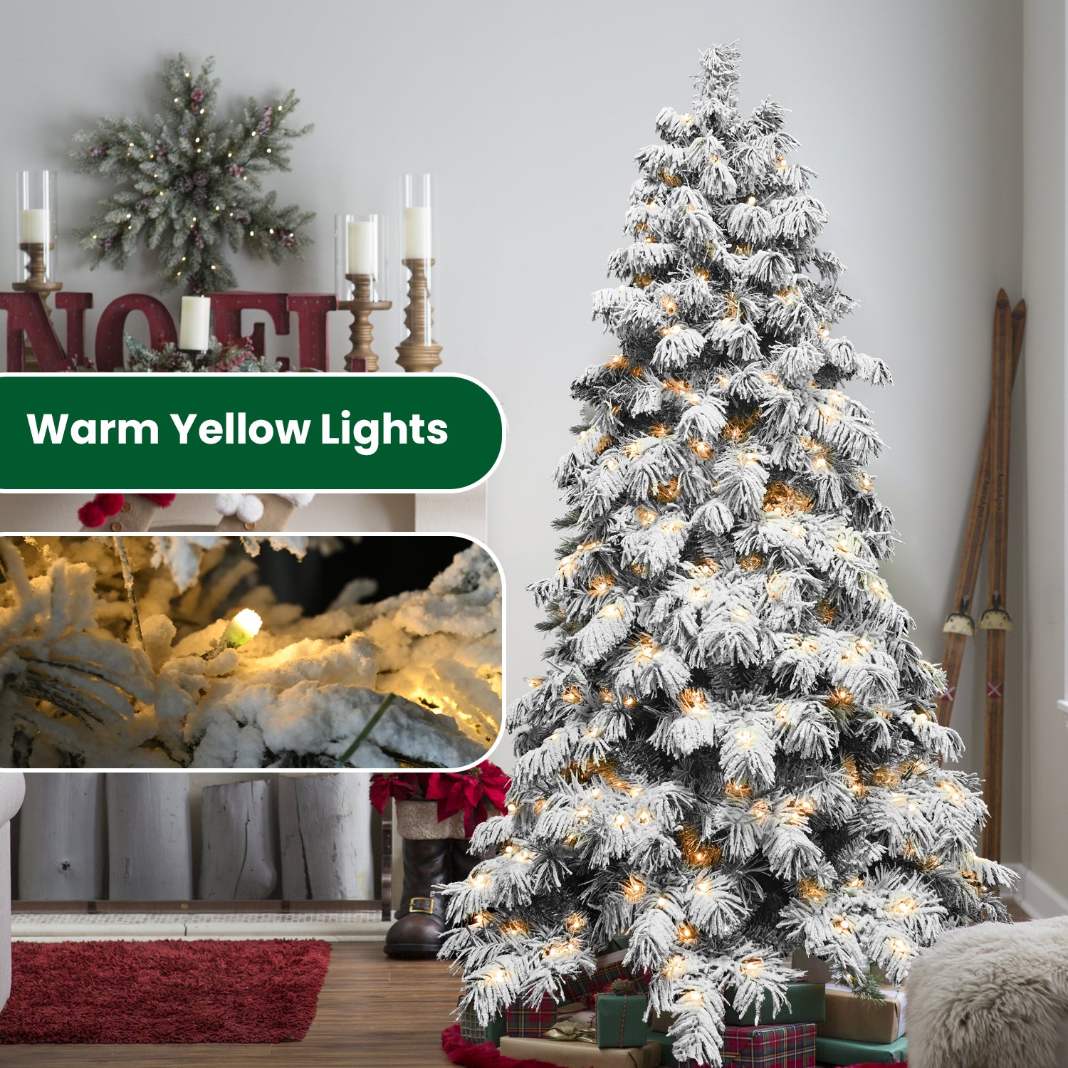 6ft Flocked Scarecrow-Shaped Christmas Tree with 270 Warm White LED Lights, 594 PVC Memory Wire Tips,Power Pole & Hinged Structure  – Realistic Snowy Holiday Tree