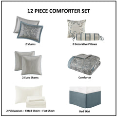 12 Piece Comforter Set with Cotton Bed Sheets Teal King