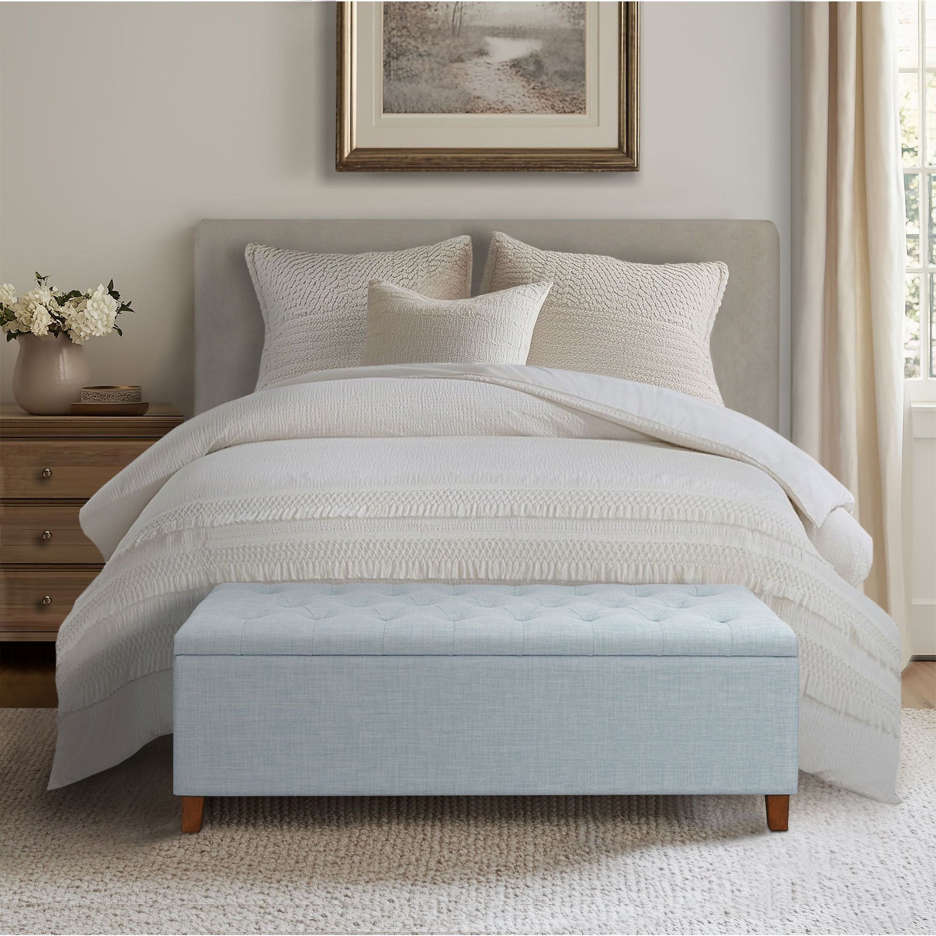 Shandra Tufted Top Upholstered Storage Bench Light Blue
