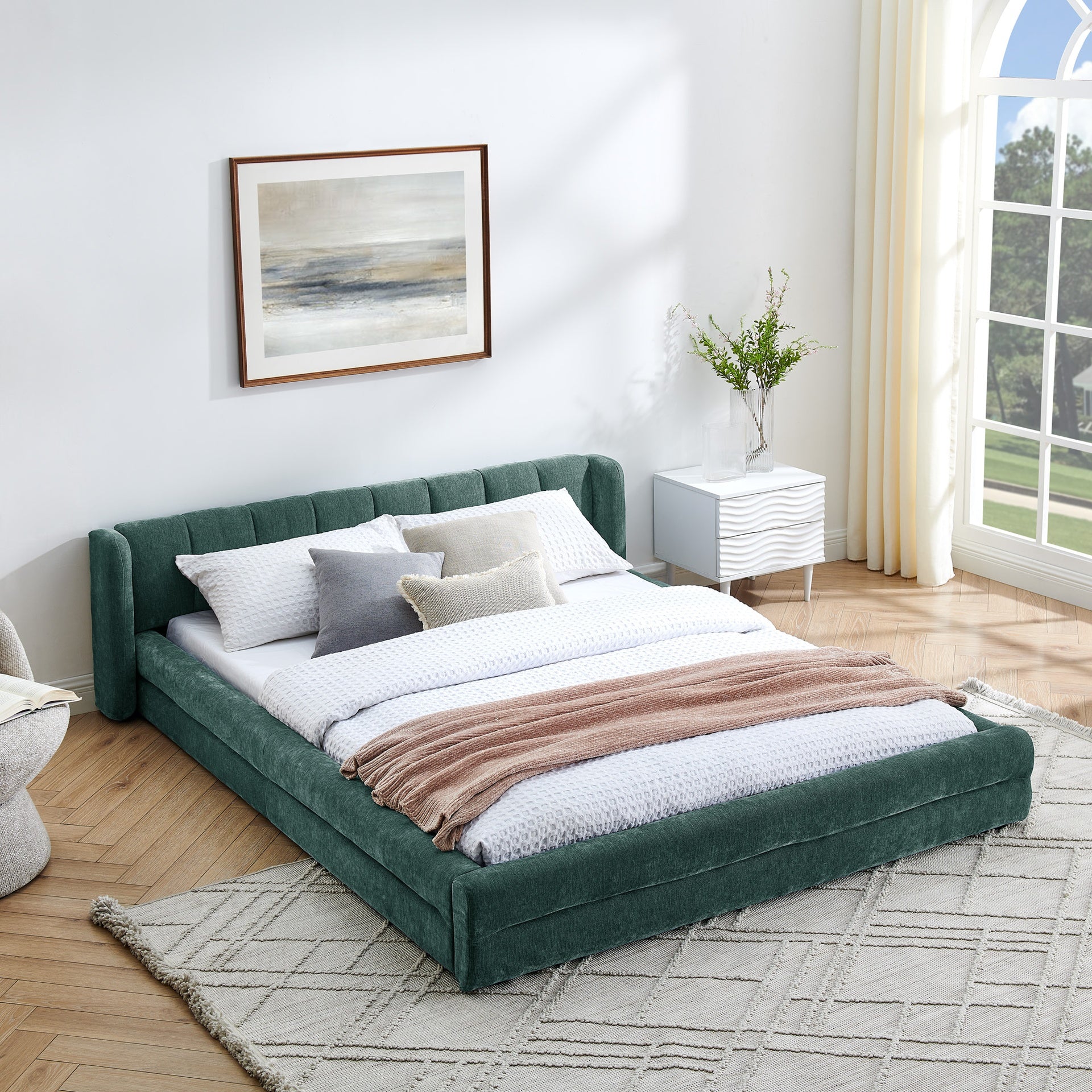 Queen Size Upholstered Bed Frame with Thick Fabric, Chenille Fabric Grounded Queen Size Platform Bed with Headboard and Solid Frame-GREEN+Blue(87''*67''*23.5'')