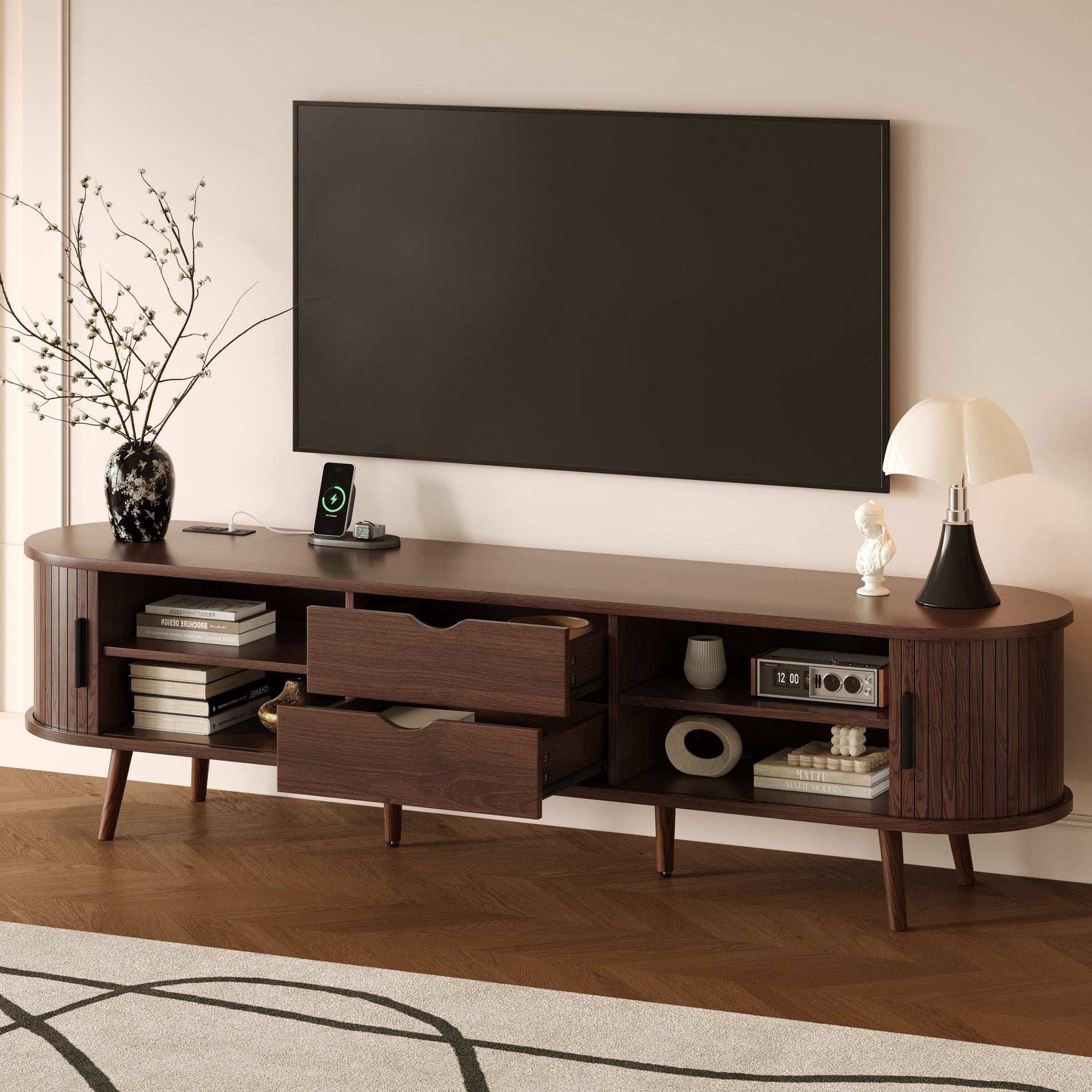 70 Inch Mid Century Modern TV Stand, TV Stand for 80 Inch TV, TV Stand with Tambour Doors, Drawers and Power Outlet, TV Consoles for Living Room, Bedroom