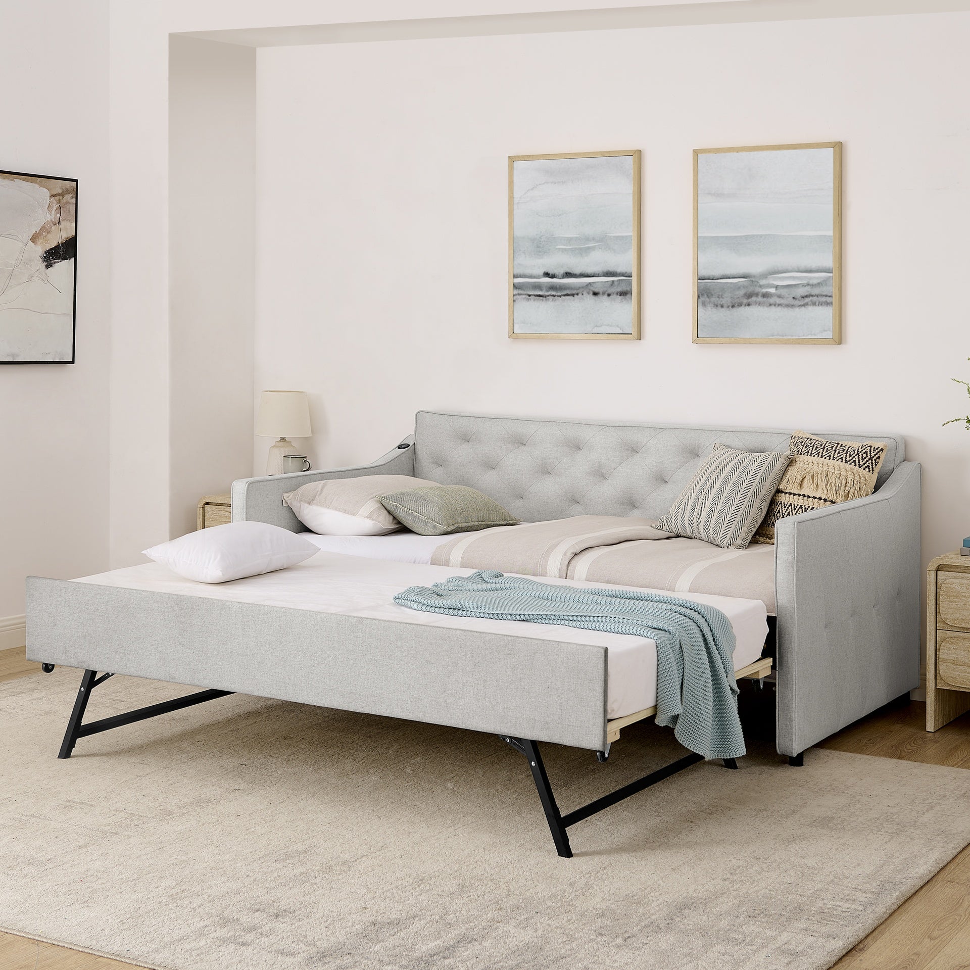 Twin Size Upholstery DayBed with Twin Size Pop-up Trundle and USB Charging Design