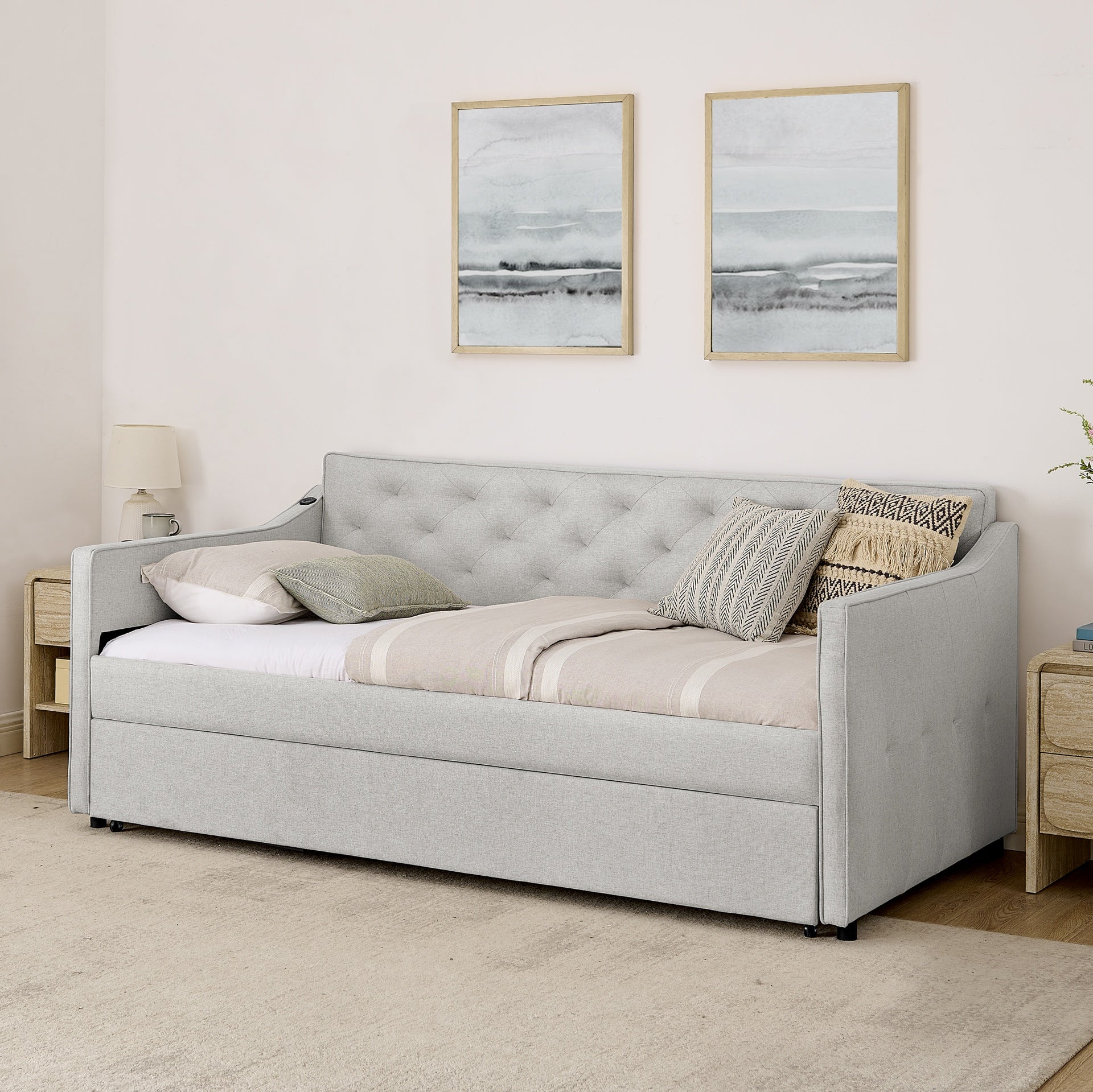 Twin Size Upholstery DayBed with Twin Size Pop-up Trundle and USB Charging Design