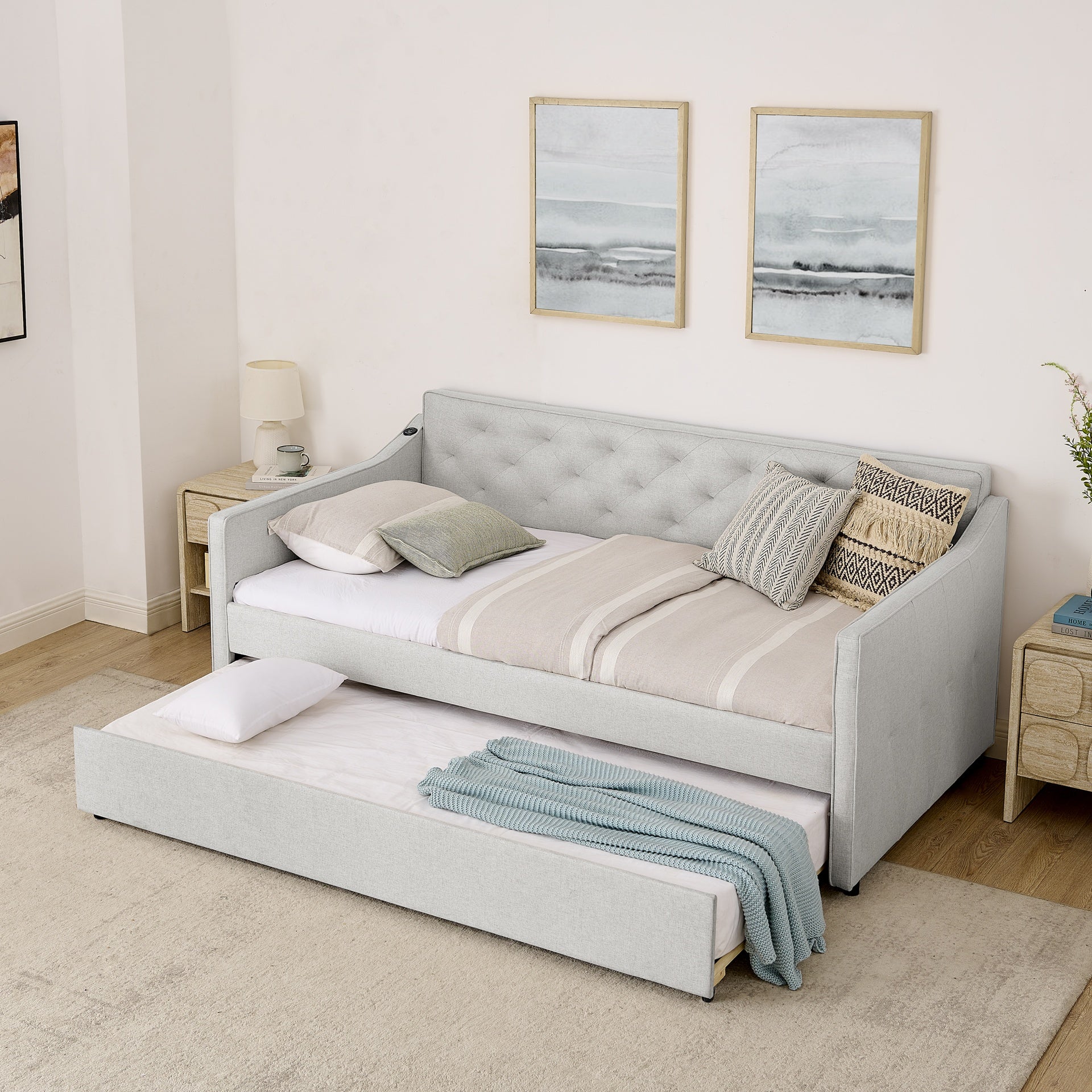 Twin Size Upholstery DayBed with Twin Size Pop-up Trundle and USB Charging Design