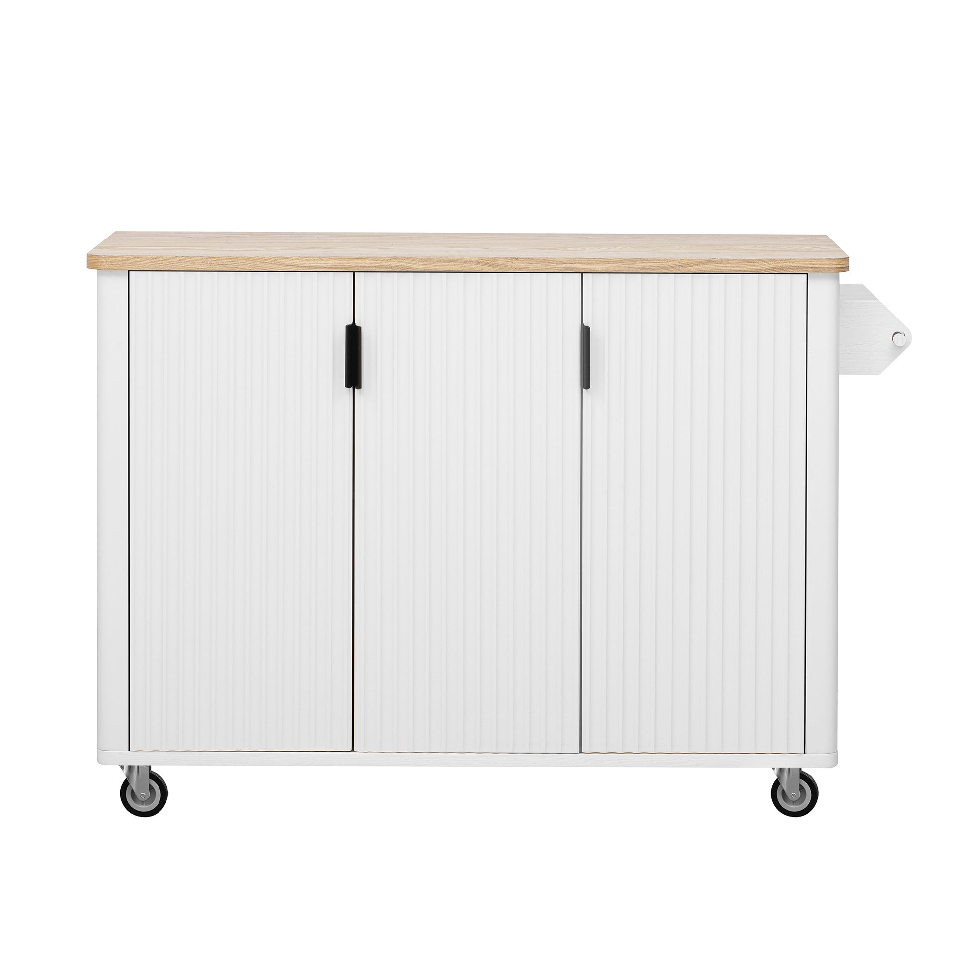 K&K 51" Fluted Kitchen Island with Drop Leaf, Farmhouse Accent Kitchen Island on Wheels with Internal Storage Rack, Rolling Kitchen Cart with Towel Rack for Kitchen, Dining Room, White Ash