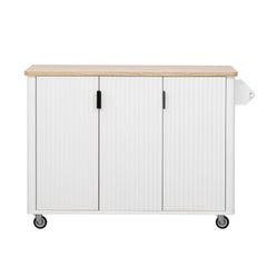 K&K 51" Fluted Kitchen Island with Drop Leaf, Farmhouse Accent Kitchen Island on Wheels with Internal Storage Rack, Rolling Kitchen Cart with Towel Rack for Kitchen, Dining Room, White Ash