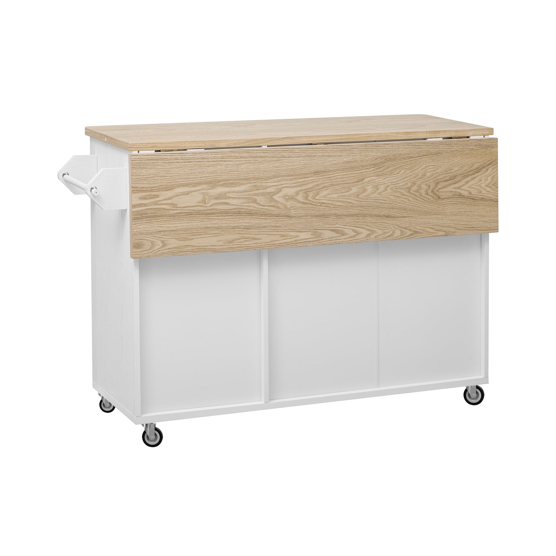 K&K 51" Fluted Kitchen Island with Drop Leaf, Farmhouse Accent Kitchen Island on Wheels with Internal Storage Rack, Rolling Kitchen Cart with Towel Rack for Kitchen, Dining Room, White Ash