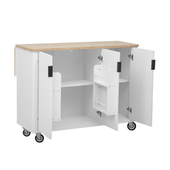 K&K 51" Fluted Kitchen Island with Drop Leaf, Farmhouse Accent Kitchen Island on Wheels with Internal Storage Rack, Rolling Kitchen Cart with Towel Rack for Kitchen, Dining Room, White Ash