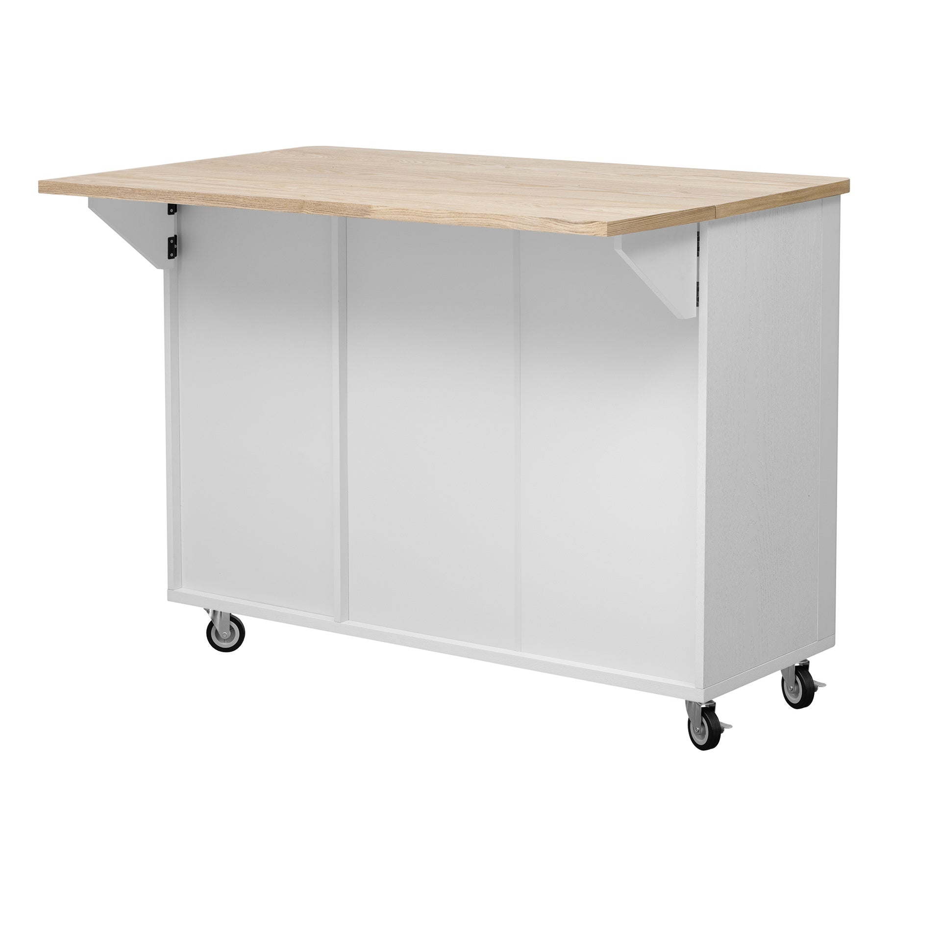K&K 51" Fluted Kitchen Island with Drop Leaf, Farmhouse Accent Kitchen Island on Wheels with Internal Storage Rack, Rolling Kitchen Cart with Towel Rack for Kitchen, Dining Room, White Ash