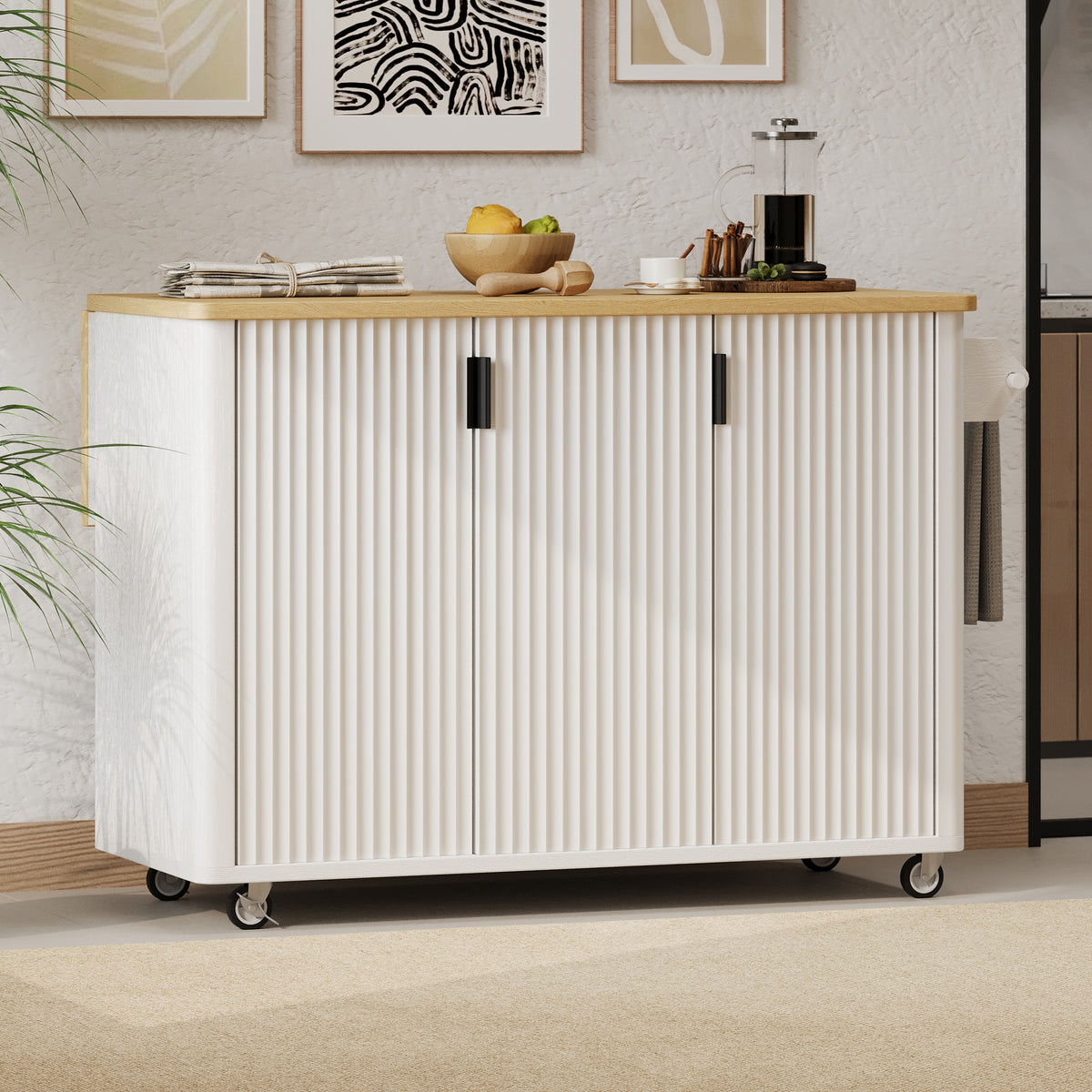 K&K 51" Fluted Kitchen Island with Drop Leaf, Farmhouse Accent Kitchen Island on Wheels with Internal Storage Rack, Rolling Kitchen Cart with Towel Rack for Kitchen, Dining Room, White Ash