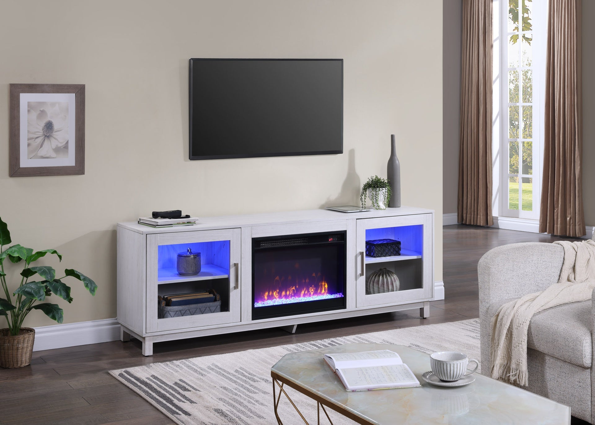 Summit 70" White Walnut Finish TV Stand Console with Fireplace, Heater