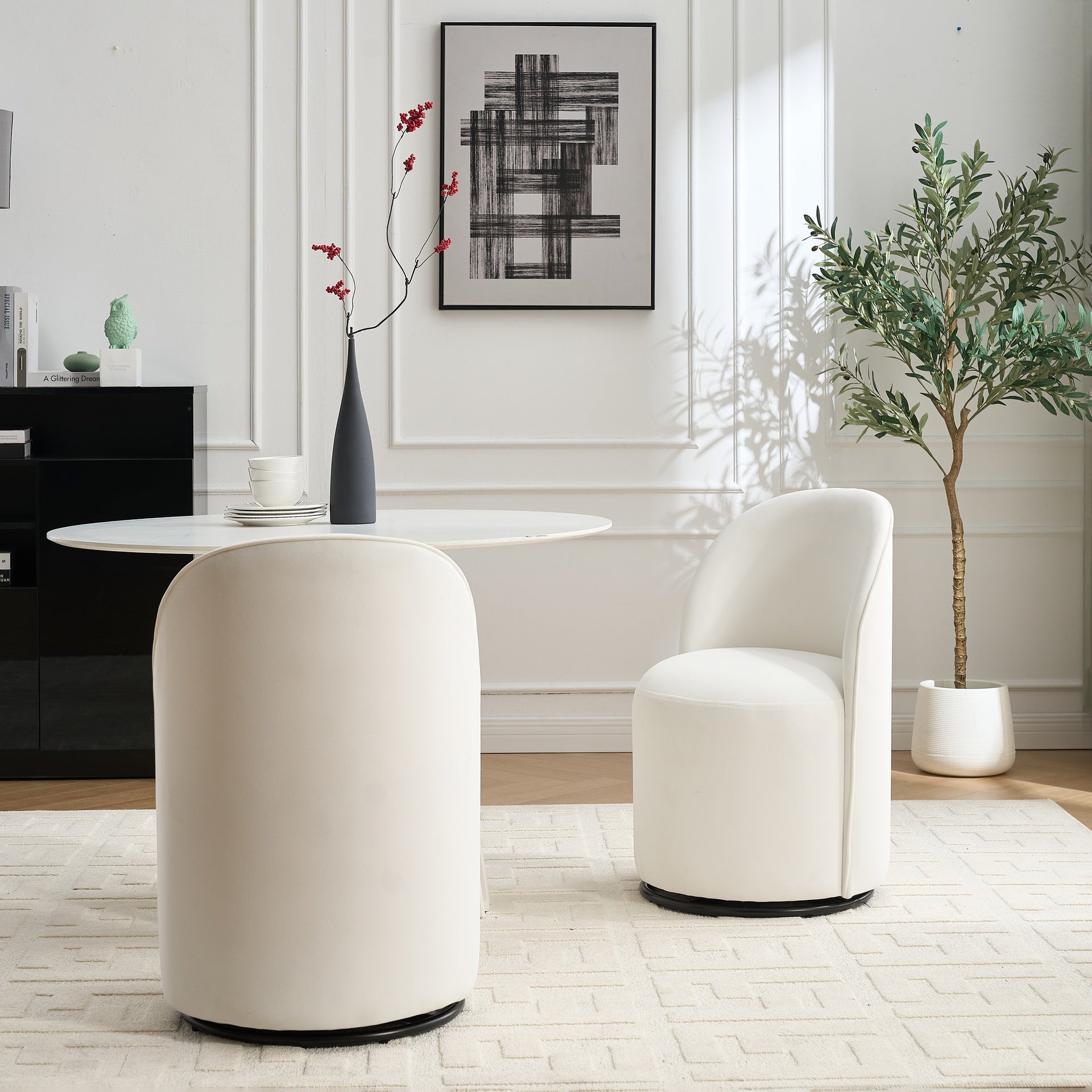 Set Of 1 Upholstered Kitchen & Dining Room Barrel Chair, Mid Century Modern Round Velvet Dining Chair, 360 Degree Swivel Comfy Armless Accent Makeup Vanity Side Chair for Bedroom Living Room