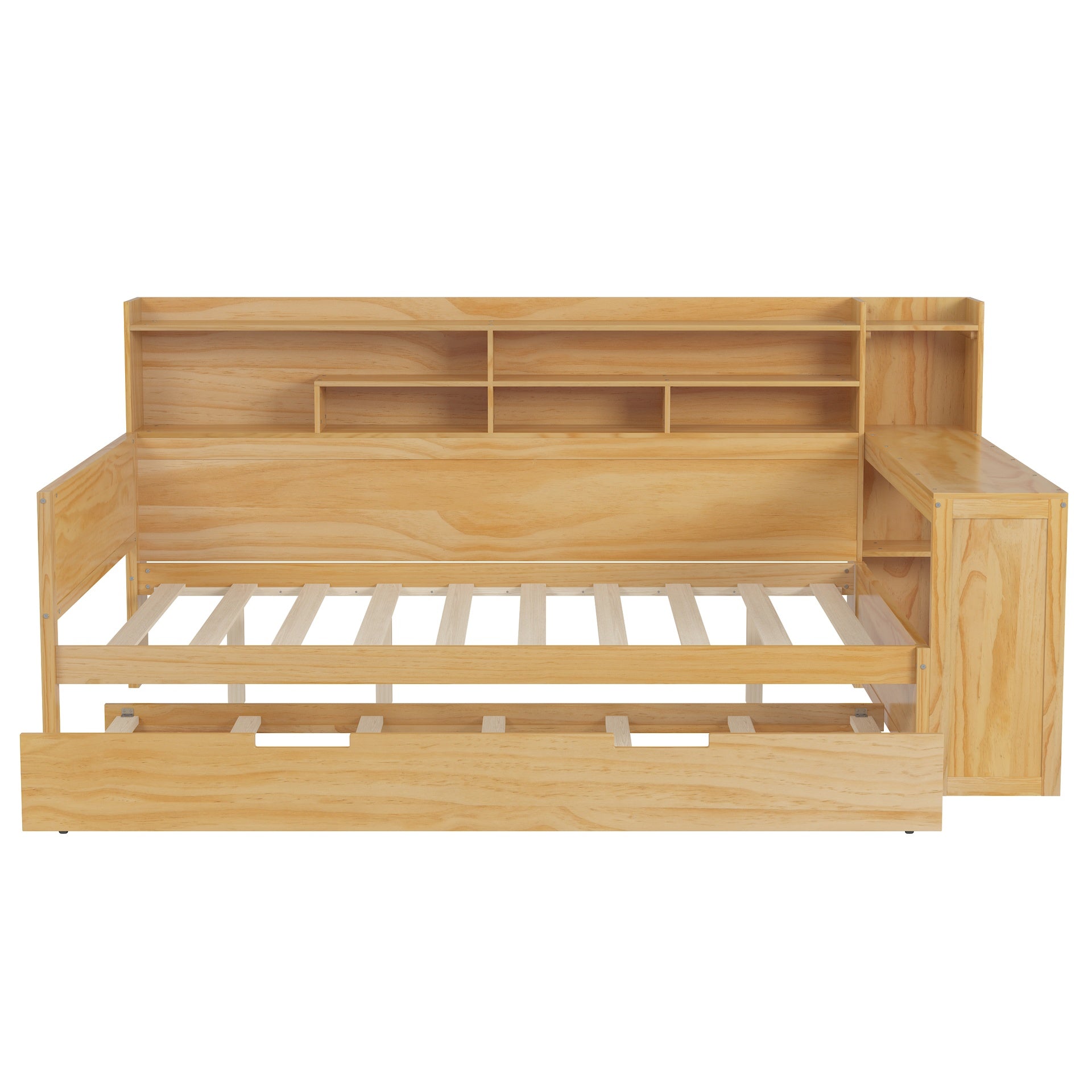 Wooden Full Size Daybed with Storage Shelves, Multi-functional Bed with Twin Size Trundle Bed and  Study Desk, Natural