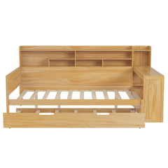 Wooden Full Size Daybed with Storage Shelves, Multi-functional Bed with Twin Size Trundle Bed and  Study Desk, Natural