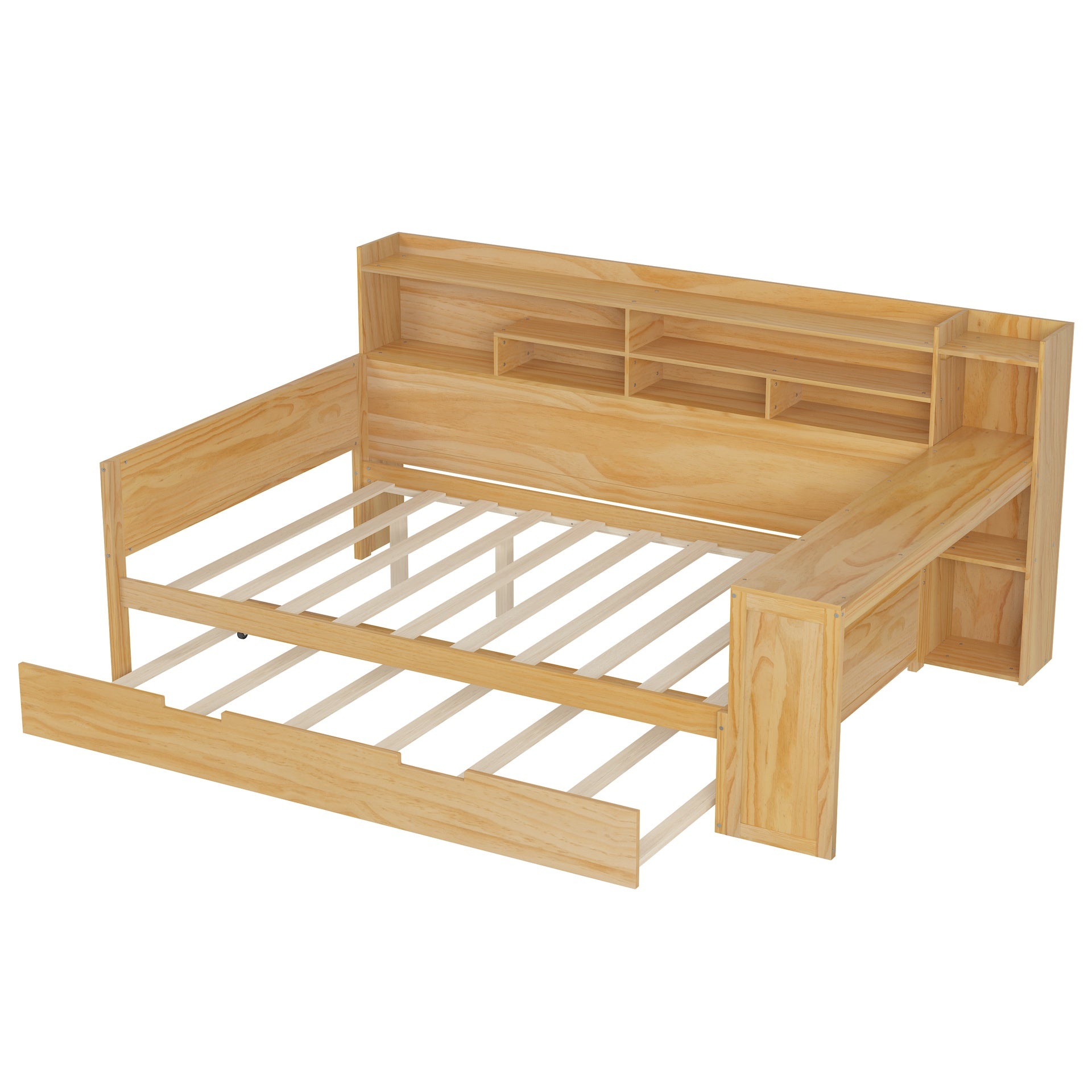 Wooden Full Size Daybed with Storage Shelves, Multi-functional Bed with Twin Size Trundle Bed and  Study Desk, Natural