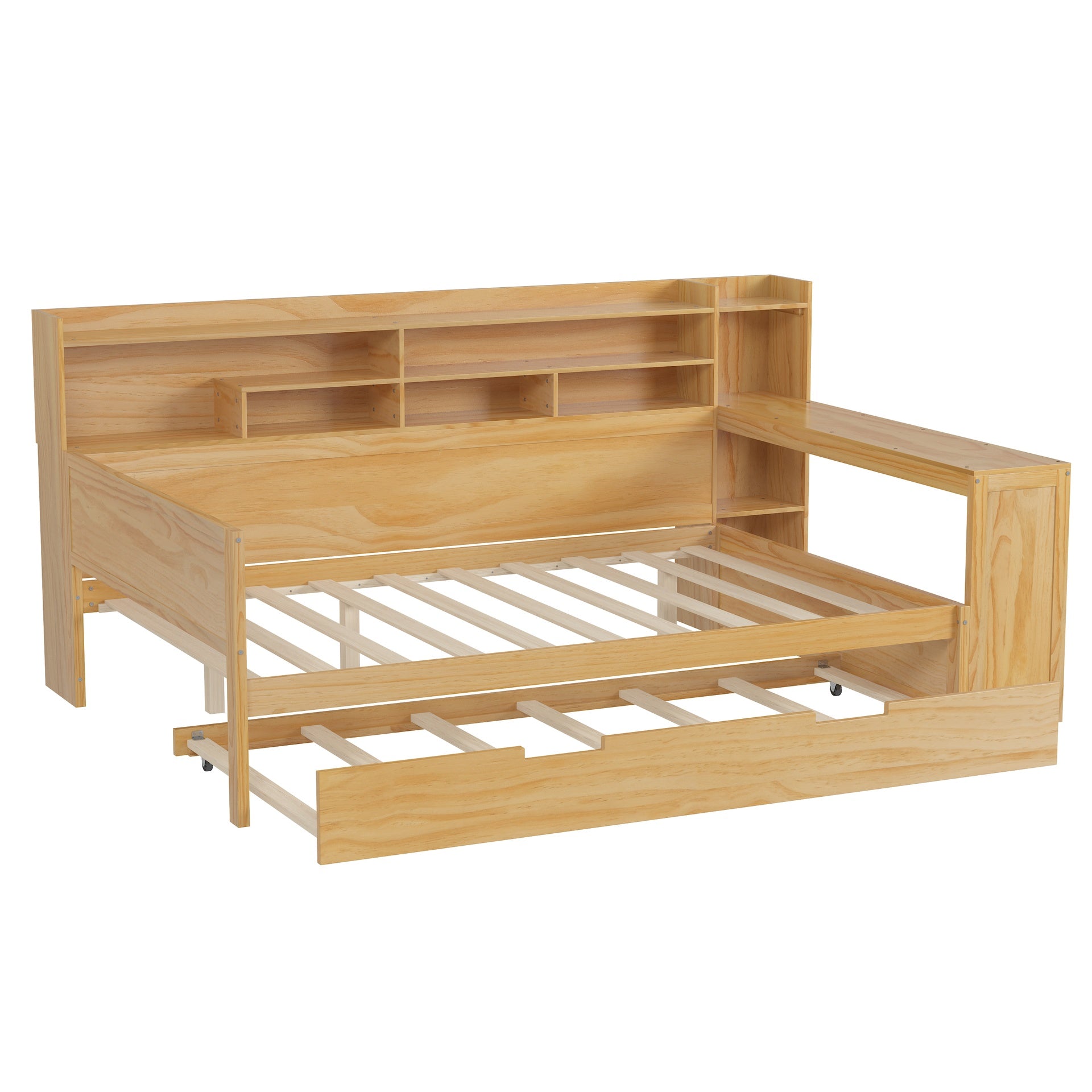 Wooden Full Size Daybed with Storage Shelves, Multi-functional Bed with Twin Size Trundle Bed and  Study Desk, Natural