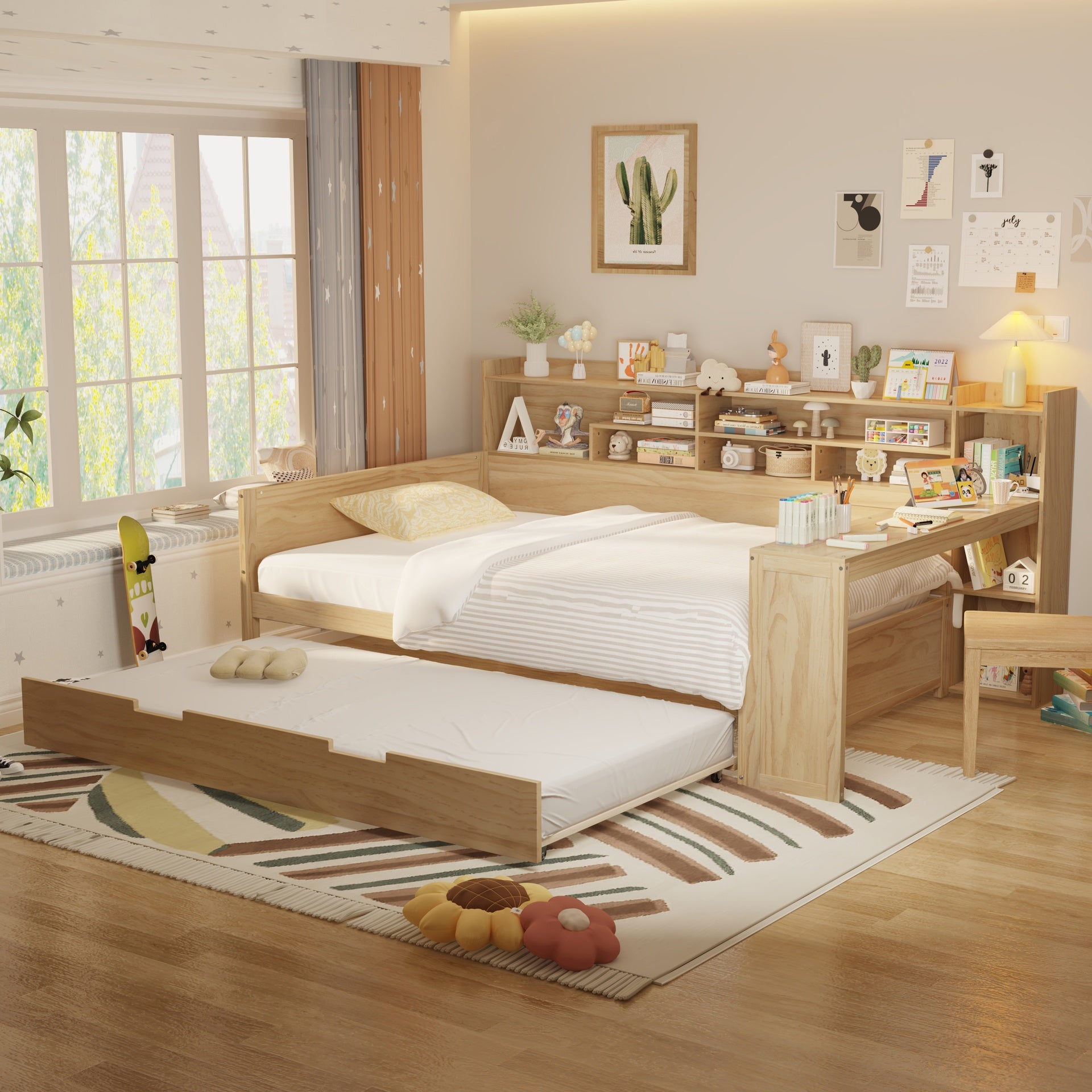 Wooden Full Size Daybed with Storage Shelves, Multi-functional Bed with Twin Size Trundle Bed and  Study Desk, Natural