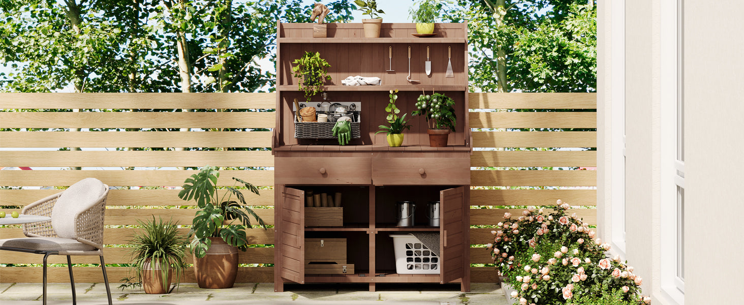 [Assembly Video Provided] TOPMAX 65inch Garden Potting Bench Table, Fir Wood Workstation with Storage Shelf, Drawer and Cabinet, Brown